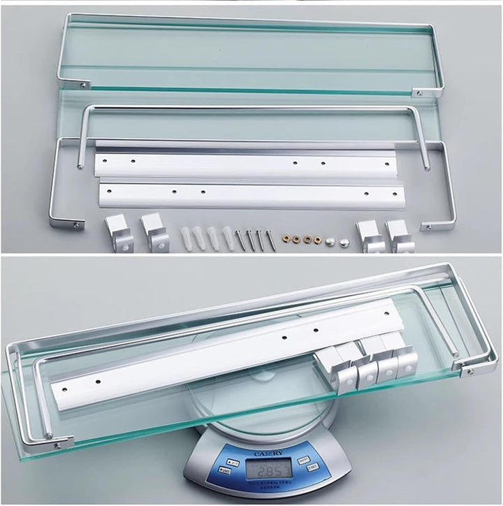 Glas Bad-Regal, 2 Etagen Glasablage Wandregal, Badezimmer Regal Badablage Ablageregal - mit Reling a