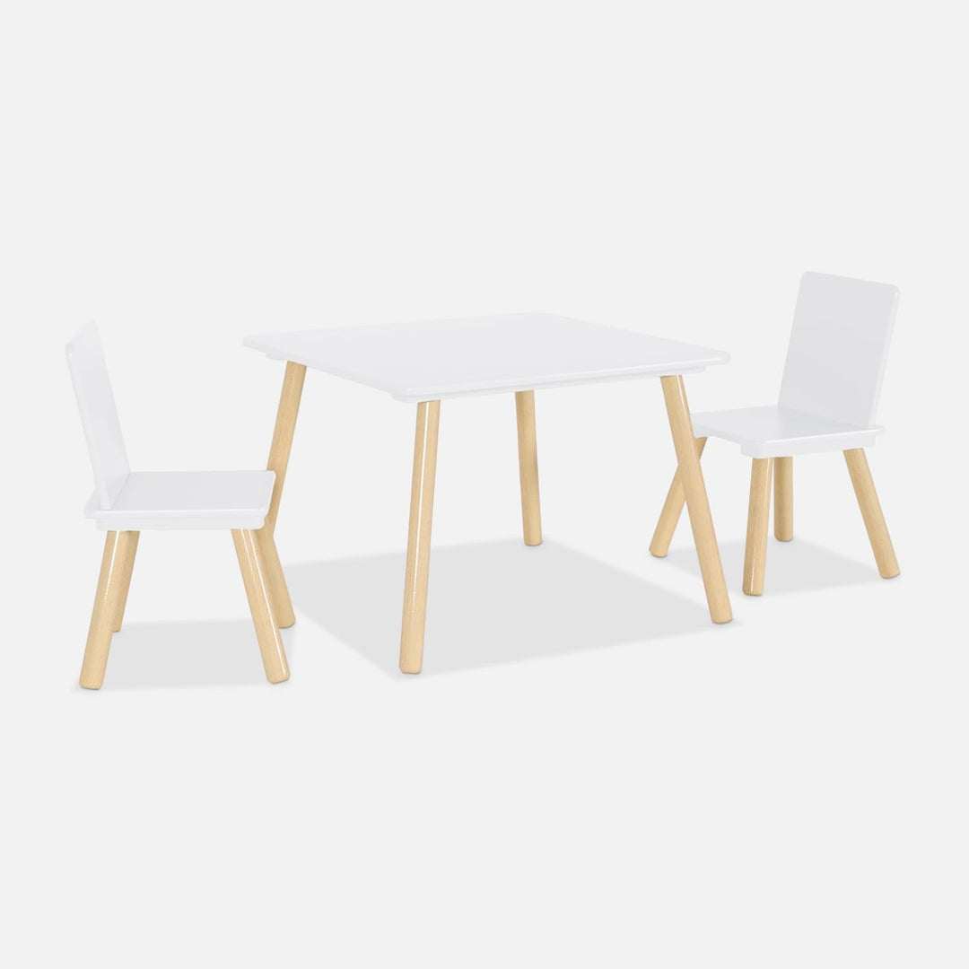 sweeek - Quadratischer Kindertisch mit 2 Stühlen, Beine aus Kiefernholz - Judith Weiss, Weiss
