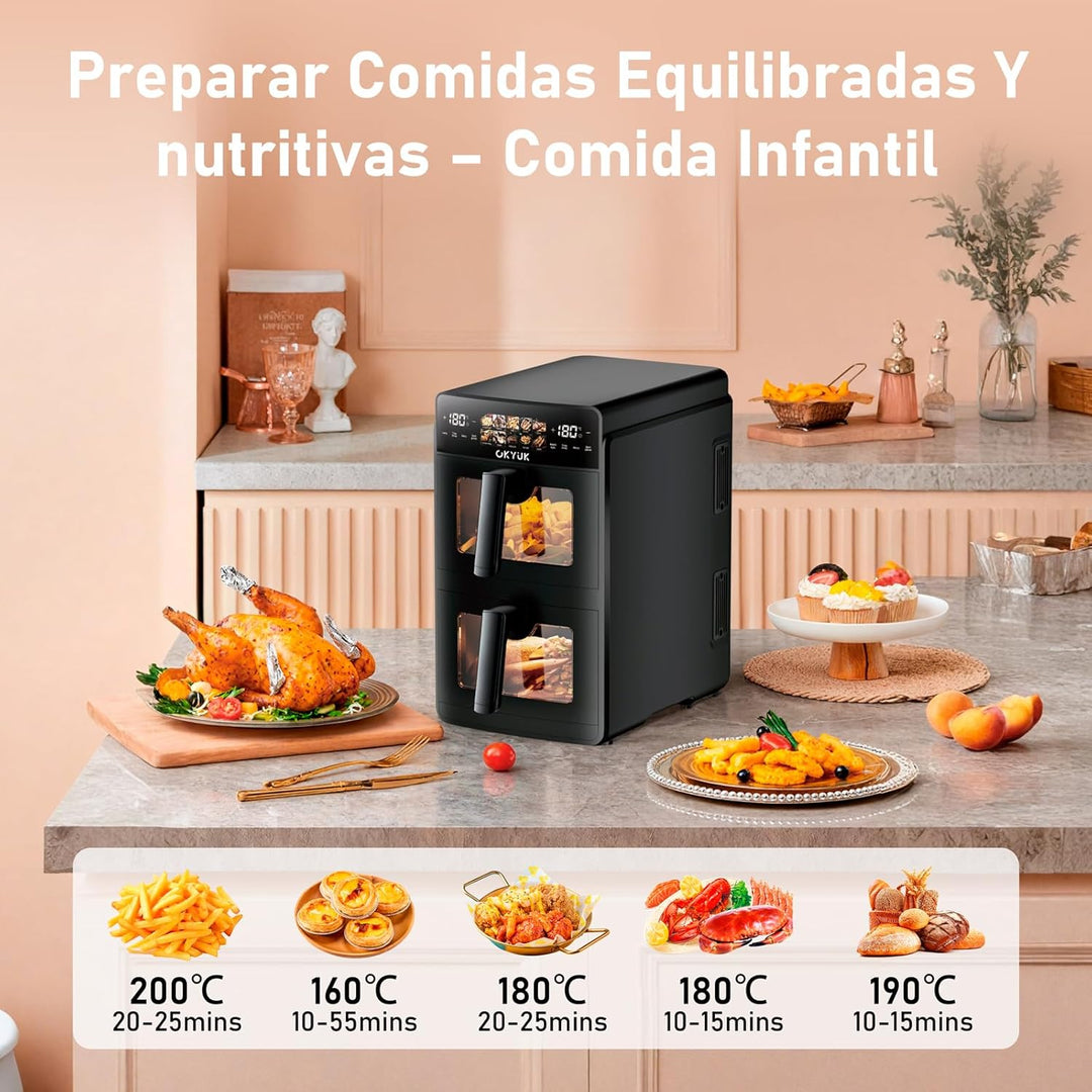 Heissluftfritteuse 2 Kammern 10L Airfryer [2 Fächer je 5l, sehr leiser Betrieb, 10 Programme, 2 Geri