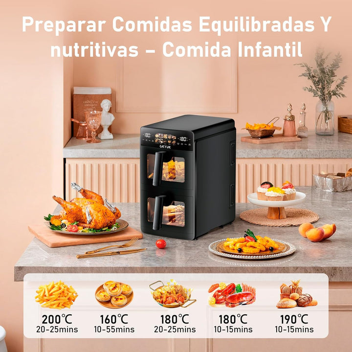 Heissluftfritteuse 2 Kammern 10L Airfryer [2 Fächer je 5l, sehr leiser Betrieb, 10 Programme, 2 Geri