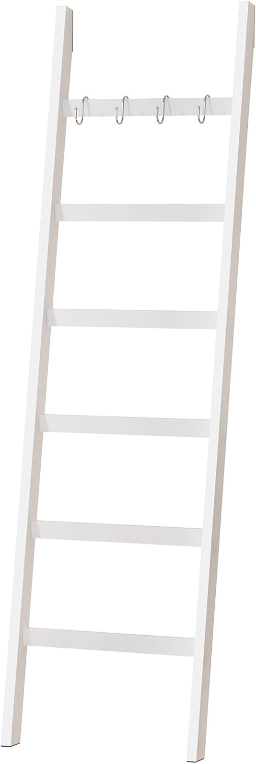 Yorbay Handtuchleiter Bambus, 6 Sprossen, Kleiderleiter mit 2 Sturzsicherheitsriemen und 4 Haken, Ha