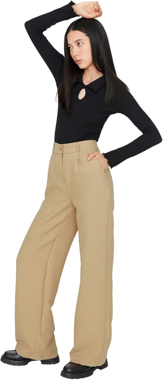 Trendyol Women's Herren Mittlerer Bund Wide Leg Hose Pants, Camel, 38