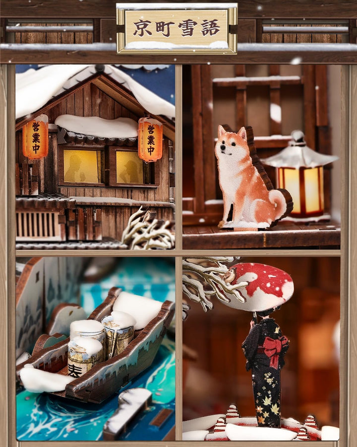 CUTEBEE Book Nook Kit - Japanischer Stil DIY Miniatur-Winterhaus, LED-beleuchtetes Buchregal-Deko Ga