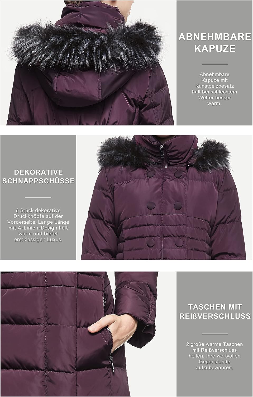 Orolay Damen Daunenjacke mit Langem Pelz-Kapuzenmantel mit Raglanärmeln Lila M, Lila M