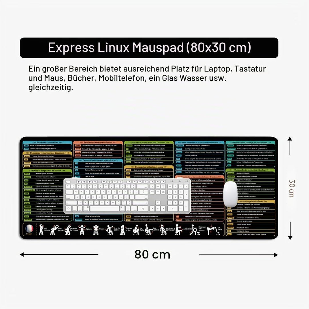 Linux Shortcuts Mauspad Französisch Schreibtischunterlage 80x30x0.3cm Gross Gaming Mousepad XL & Des
