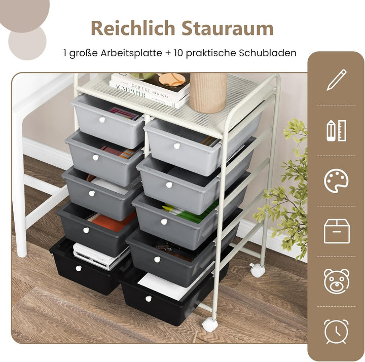 GOPLUS Rollwagen mit 10 Schubladen stapelbar, Rollcontainer mit Ablage & Metallgestell, Badregal, Au