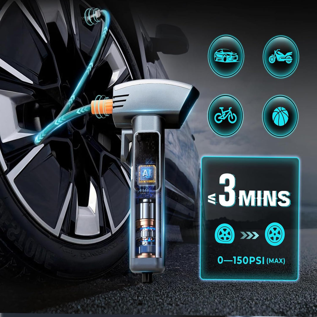 Kompressor Auto – Elektrische Luftpumpe mit Akku, 150 PSI, 5 Modi für Auto, Fahrrad, Motorrad & Ball