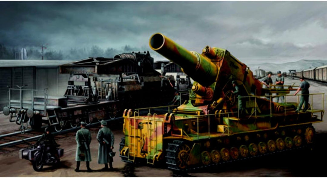 Trumpeter 00209 Modellbausatz Mörser Karl Gerät 040/041 auf Eisenbahn-Transport-Trailer, Mittel