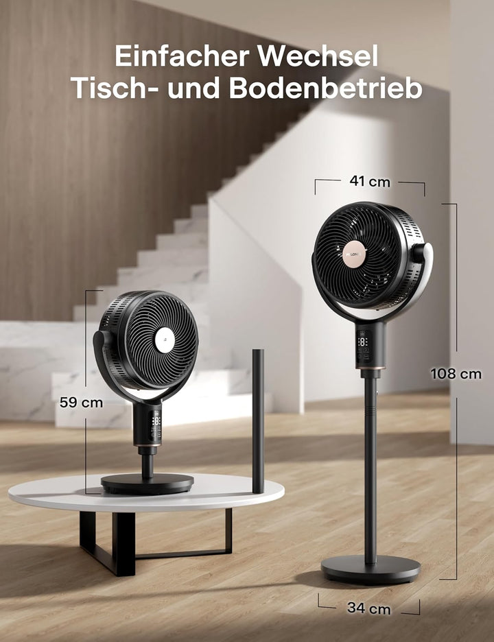 PELONIS 135° Oszillierender Smart Standing Fan, Leiser Bodenventilator mit DC Motor, Doppelflügel St