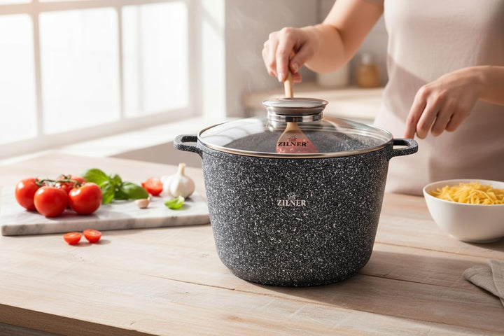 Topf 6,2 L - Robuster Kochtopf mit Deckel mit Aroma-Knopf - Marmorbeschichtung und Keramikbeschichtu