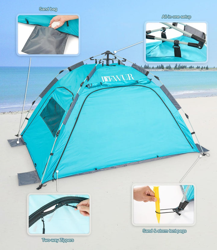 Dewur Strandmuschel 2-4 Personen Pop Up Strandzelt mit Sonnensegel UPF 50+ UV Sonnenschutz Wasserdic