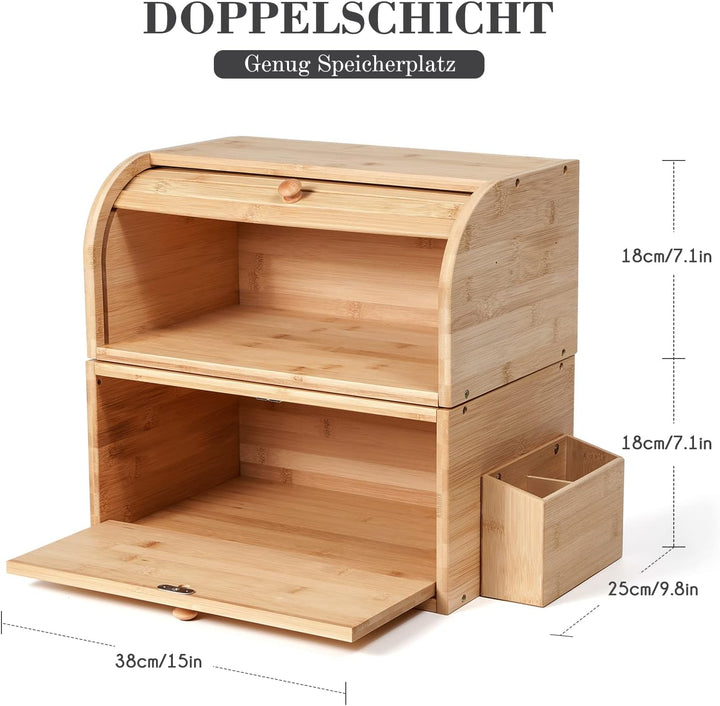 GUUSII HOME Brotkasten Holz Bambus Gross Retro Eco Brotbox Rolldeckel Doppellagig Stapelbar Brot Auf