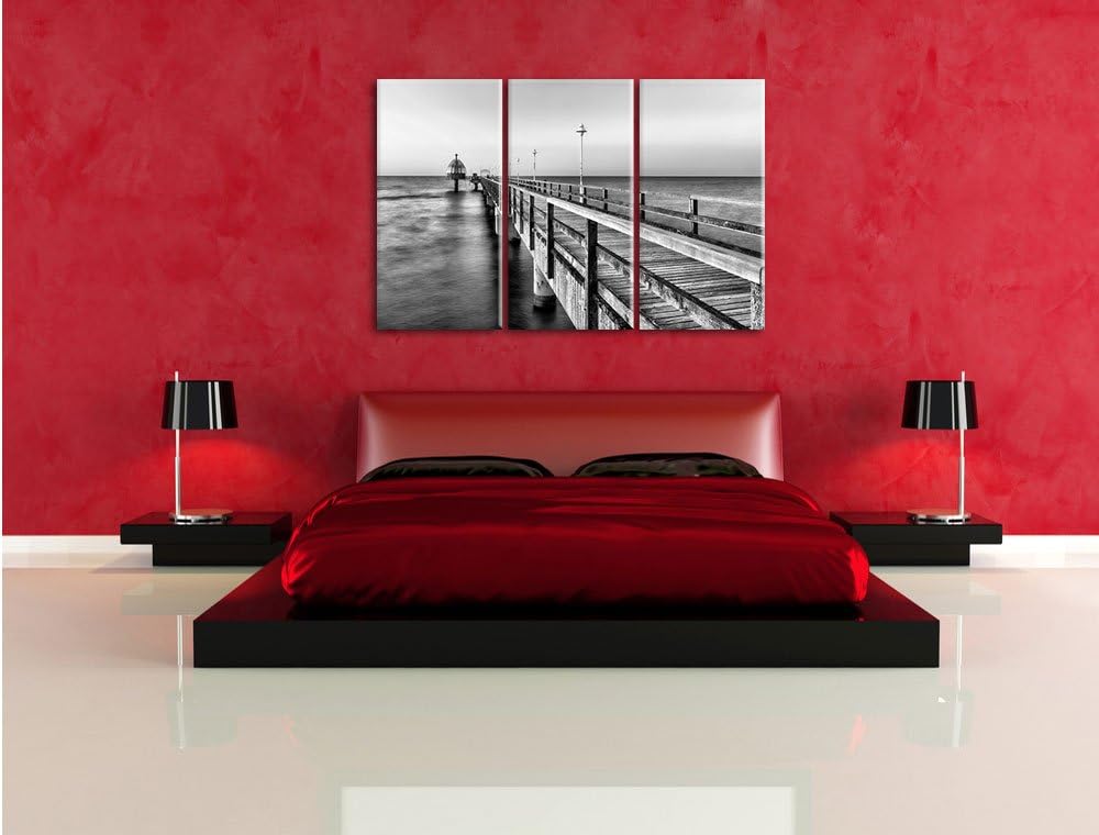 Monocrome, Pier Steg ins Meer Sonnenuntergang Strand Wasser 3-Teiler Leinwandbild 120x80 Bild auf Le