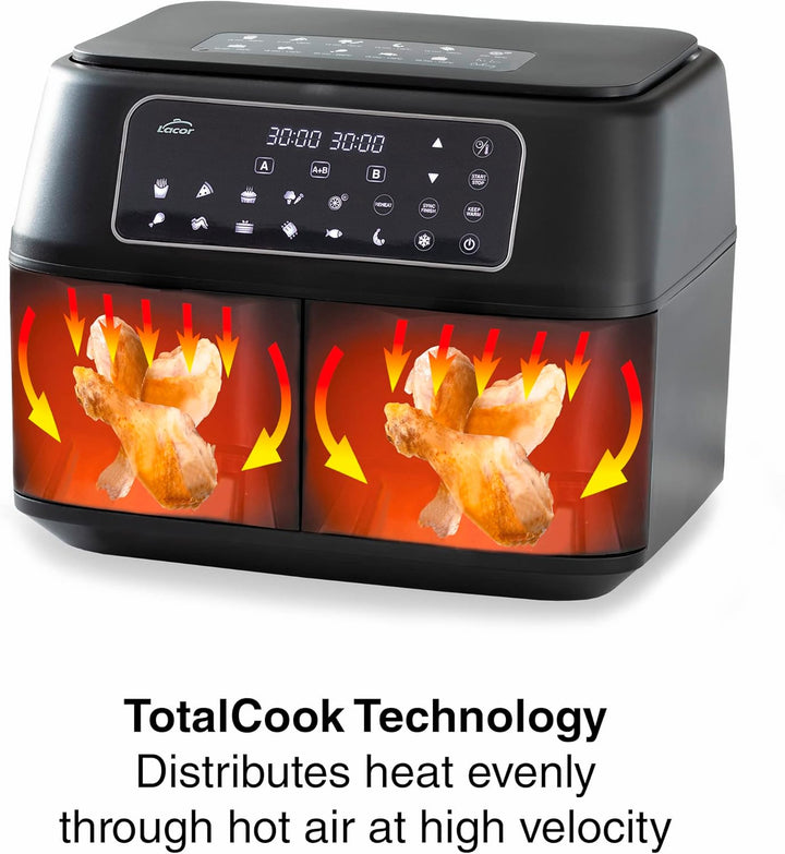Lacor - 69508 - Ölfreie DuploAir-Fritteuse, Heissluftfritteuse mit Touchscreen, Doppelkorb, Inklusiv
