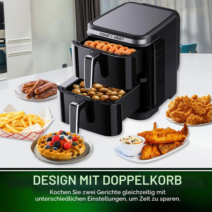 Comfy Nest, 11-Liter-Doppelkorb-Luftfritteuse, Heissluftfritteuse, gleichzeitiges Kochen, digitaler