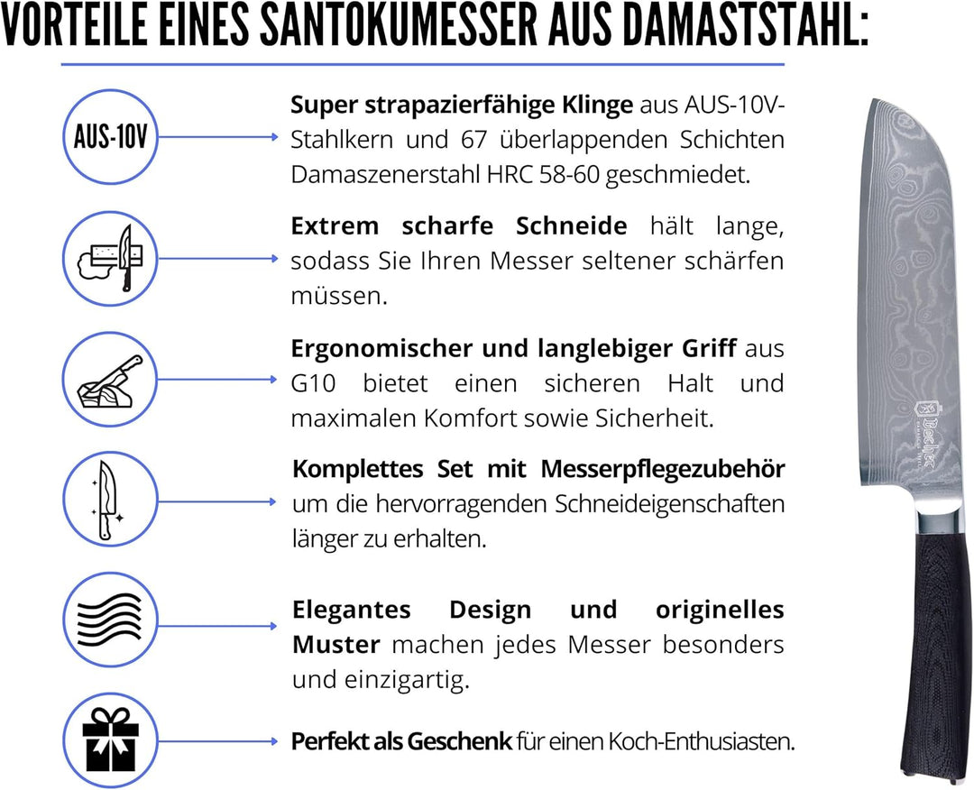 Bacher Santoku Damastmesser 18 cm - Damast Küchenmesser Geschmiedet aus 67 Legen AUS 10V - Profi Sch