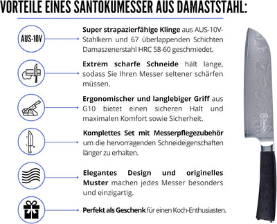Bacher Santoku Damastmesser 18 cm - Damast Küchenmesser Geschmiedet aus 67 Legen AUS 10V - Profi Sch