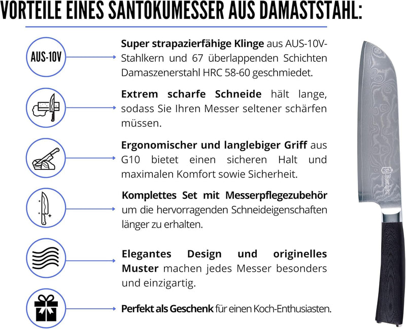 Bacher Santoku Damastmesser 18 cm - Damast Küchenmesser Geschmiedet aus 67 Legen AUS 10V - Profi Sch