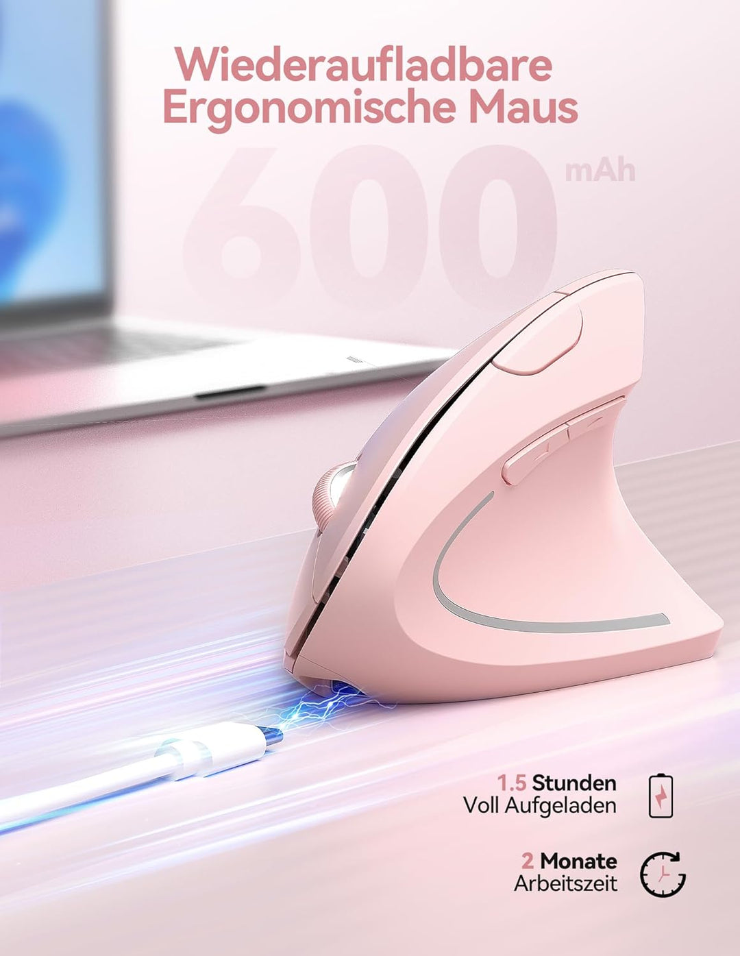 TECKNET Wiederaufladbar Ergonomische Maus Kabellos, 2.4G Optische Vertikale Maus Ergonomisch, 5 Eins