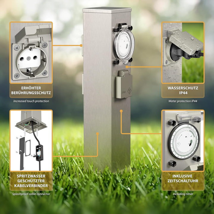 ledscom.de Garten Steckdosensäule Polly für aussen, IP44, Timer/Zeitschaltuhr, 3-Fach, Edelstahl, ec