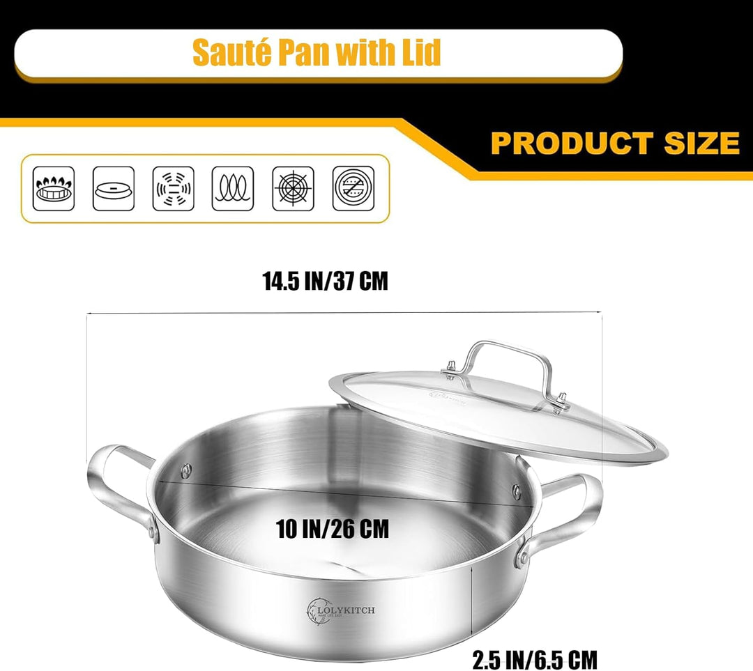 LOLYKITCH Schmorpfanne 26 cm Hoher Rand, Schmortopf mit Deckel 2.5 L, Edelstahl Unbeschichtet, Pfann