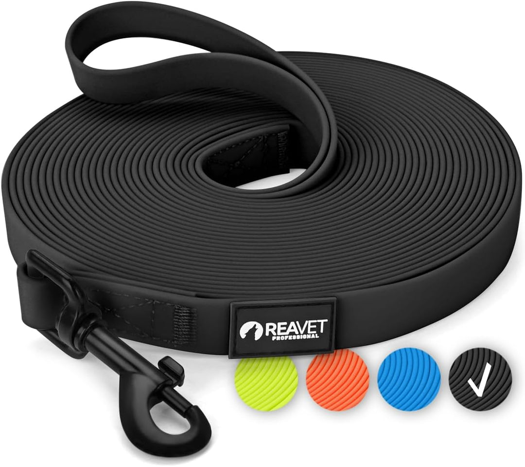 ReaVET Schleppleine für Hunde 10 Meter, Schwarz I Robuste & wasserfeste Hundeleine lang I Übungslein