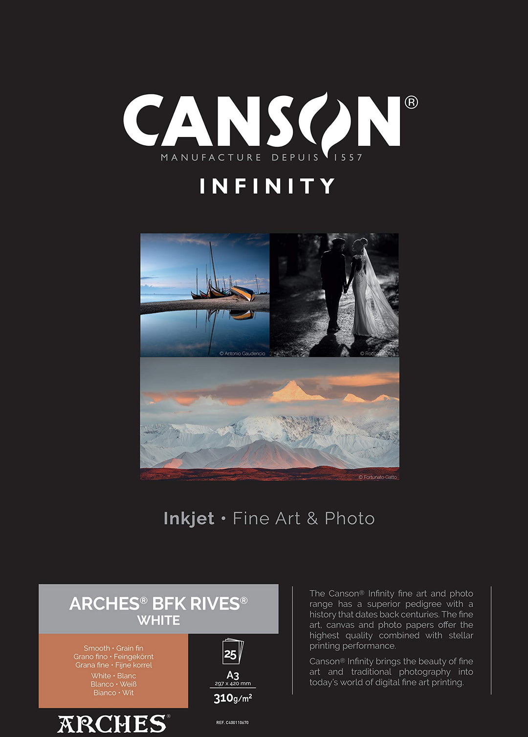 Canson Infinity BFK Rives 100% Textur, 310 g, Box A3, 25 Stunden, natürliches Weiss