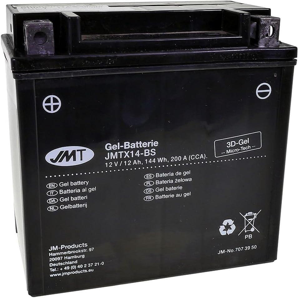JMT Batterie 12 V 14 Ah (YTX14-BS) [wartungsfrei & versiegelt] kompatibel für Piaggio/Vespa MP3 400