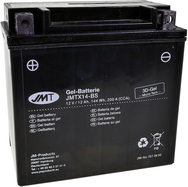 JMT Batterie 12 V 14 Ah (YTX14-BS) [wartungsfrei & versiegelt] kompatibel für Piaggio/Vespa MP3 400