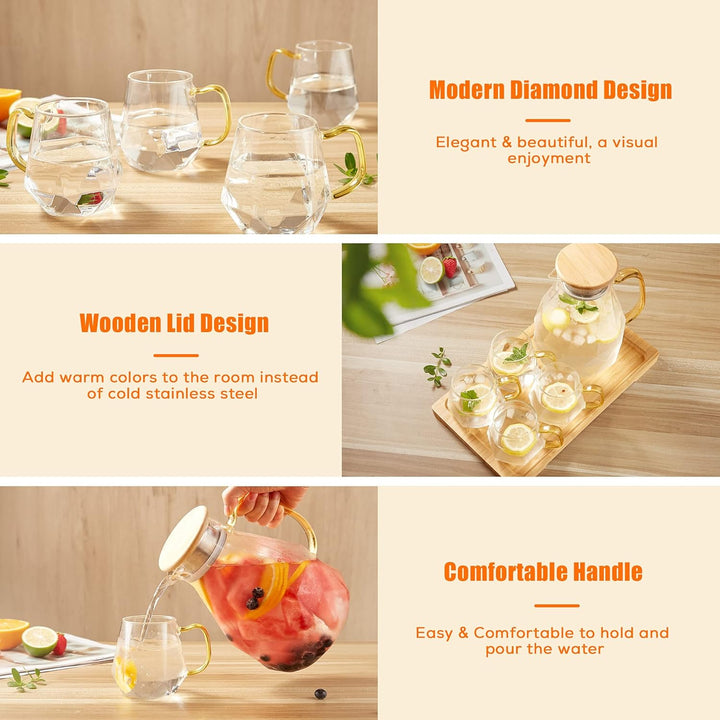 DUJUST Glaskaraffe mit Bambus Deckel 2 Liter, Wasserkaraffe im Modernen Diamant Design, Glaskrug mit