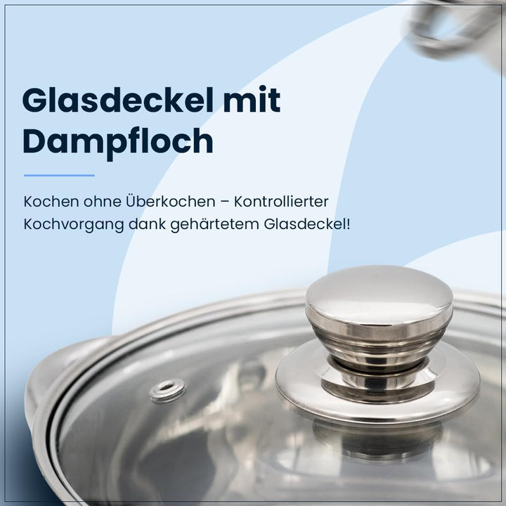 Induktions-Kochtopf 18cm – Edelstahl Bratentopf mit Glasdeckel & Dampfloch - Für Alle Herdarten (Ind