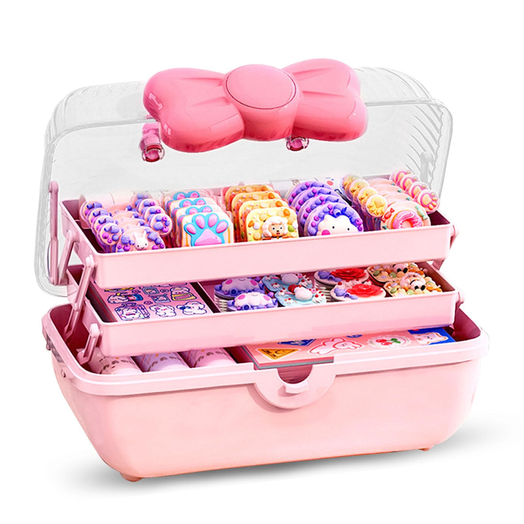 3 Etagen Schmuckbox Kinder, Haarschmuck Aufbewahrung rosa mit transparentem Deckel, 180 Grad Öffnung