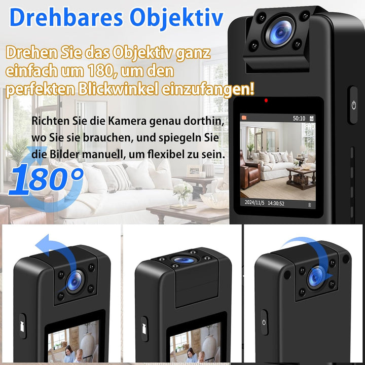 TANGMI Bodycam, 180° Drehbares Objektiv 1080P HD Video & Audio Kleine Kamera, 120° Weitwinkel & Auto
