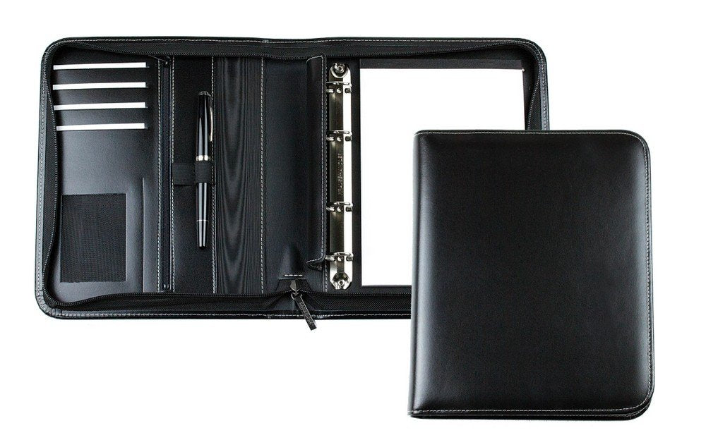 DELMON VARONE - Personalisierbare Ringbuch Schreibmappe DIN A5 aus Cambridge Top Grain Leder schwarz