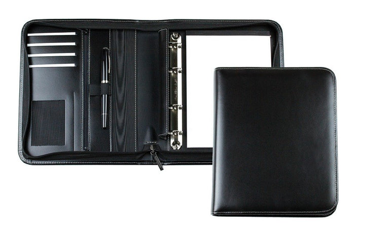 DELMON VARONE - Personalisierbare Ringbuch Schreibmappe DIN A5 aus Cambridge Top Grain Leder schwarz