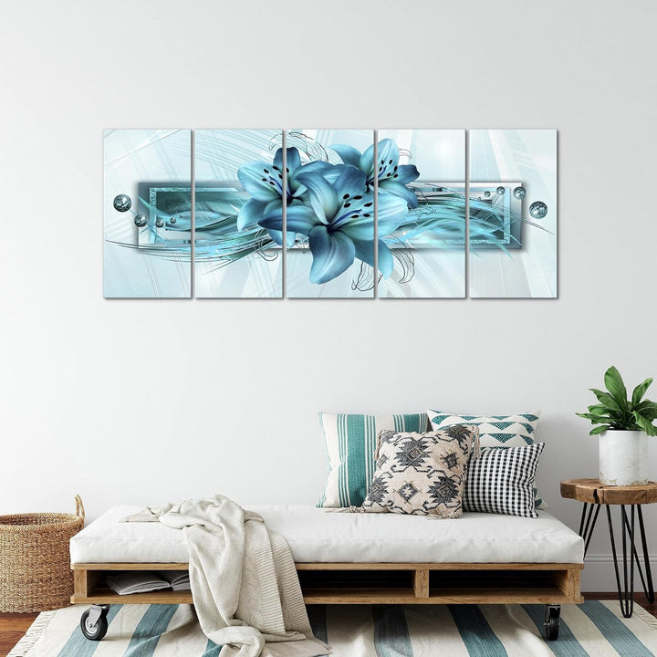 Runa Art Wandbild XXL Blumen Lilien Wohnzimmer Schlafzimmer 200 x 80 cm Türkis 5 Teilig - Made in Ge