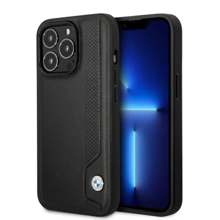 BMW Handyhülle für iPhone 14 Pro Max Signature Collection in Black Line und Dots, Echtleder-Schutzhü