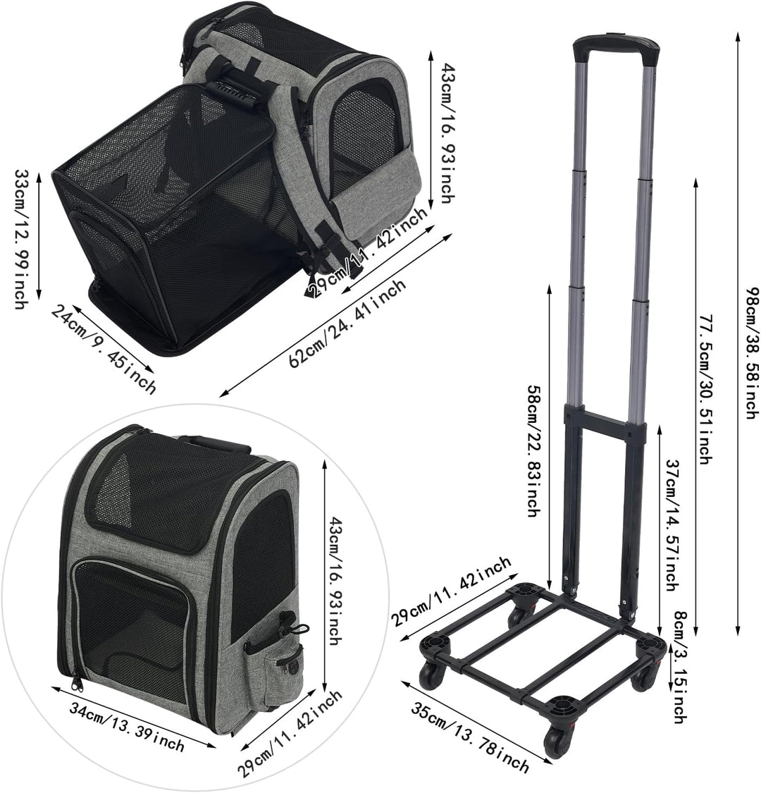 2-in-1 Hundetrolley, Tragbar Transporttasche mit 360°Drehrollen Hunderucksack Katzenrucksack Transpo