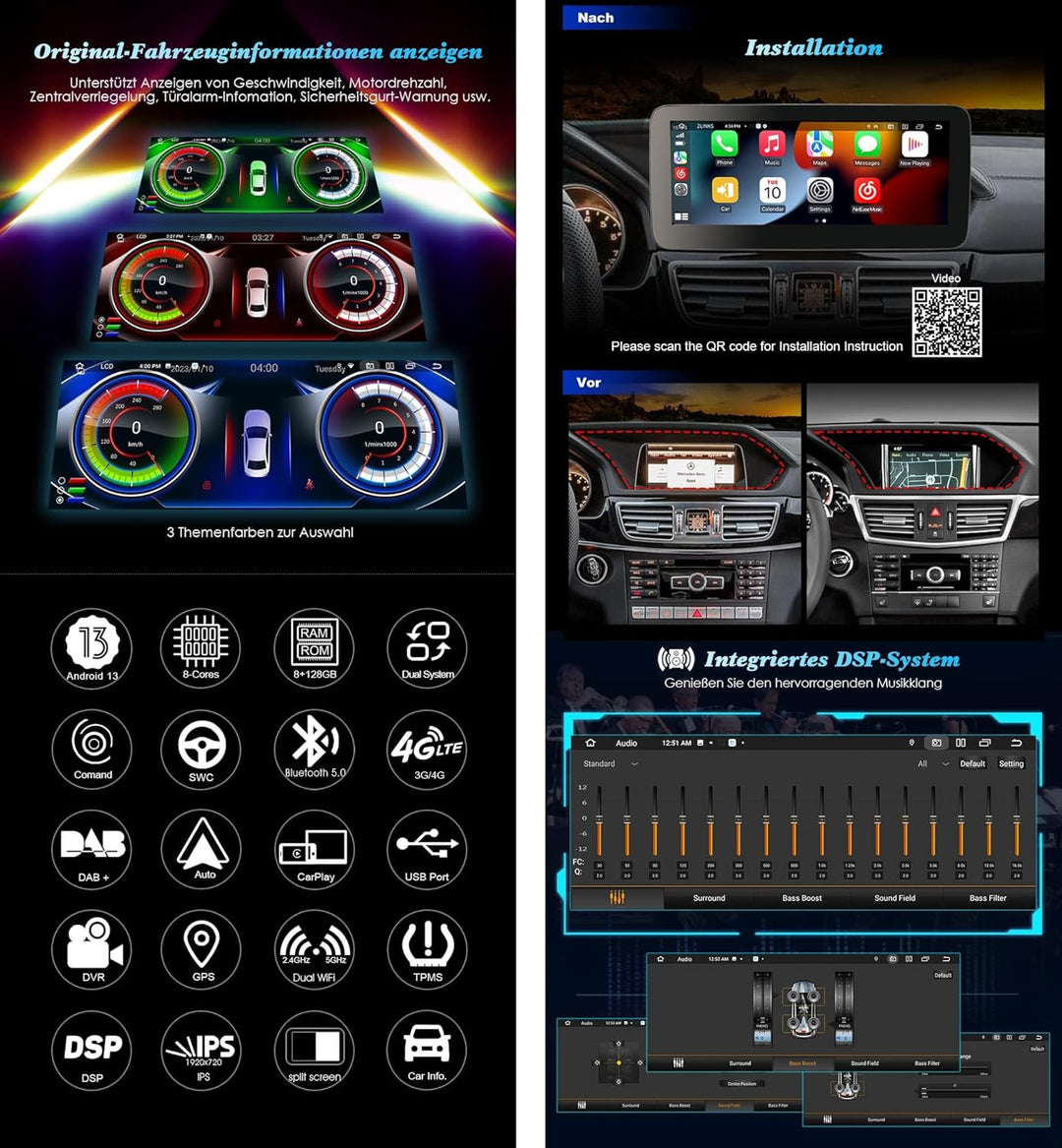 10,25 Zoll 8-Kern Android 13 DAB+ Autoradio für Mercedes E-Klasse W212 S212 NTG 4.5 mit GPS Navi Unt