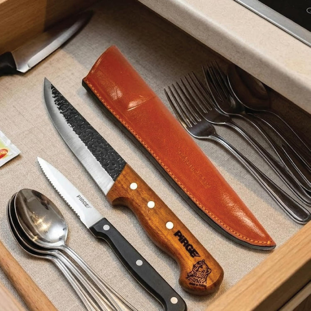 Pirge Elite Handgeschmiedet Schlachtermesser Set mit Lederscheide 4 TLG Metzgermesser - Fleischermes