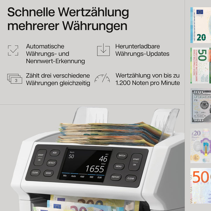 Safescan 2865-S Geldzählmaschine, Wertzählung für gemischte Banknoten - Banknotenzähler mit 7-facher