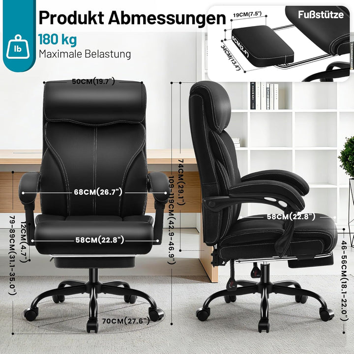 Chefsessel mit Fussstütze &amp; Liegefunktion, Ergonomischer Bürostuhl aus Kunstleder bis 200 kg, Verste