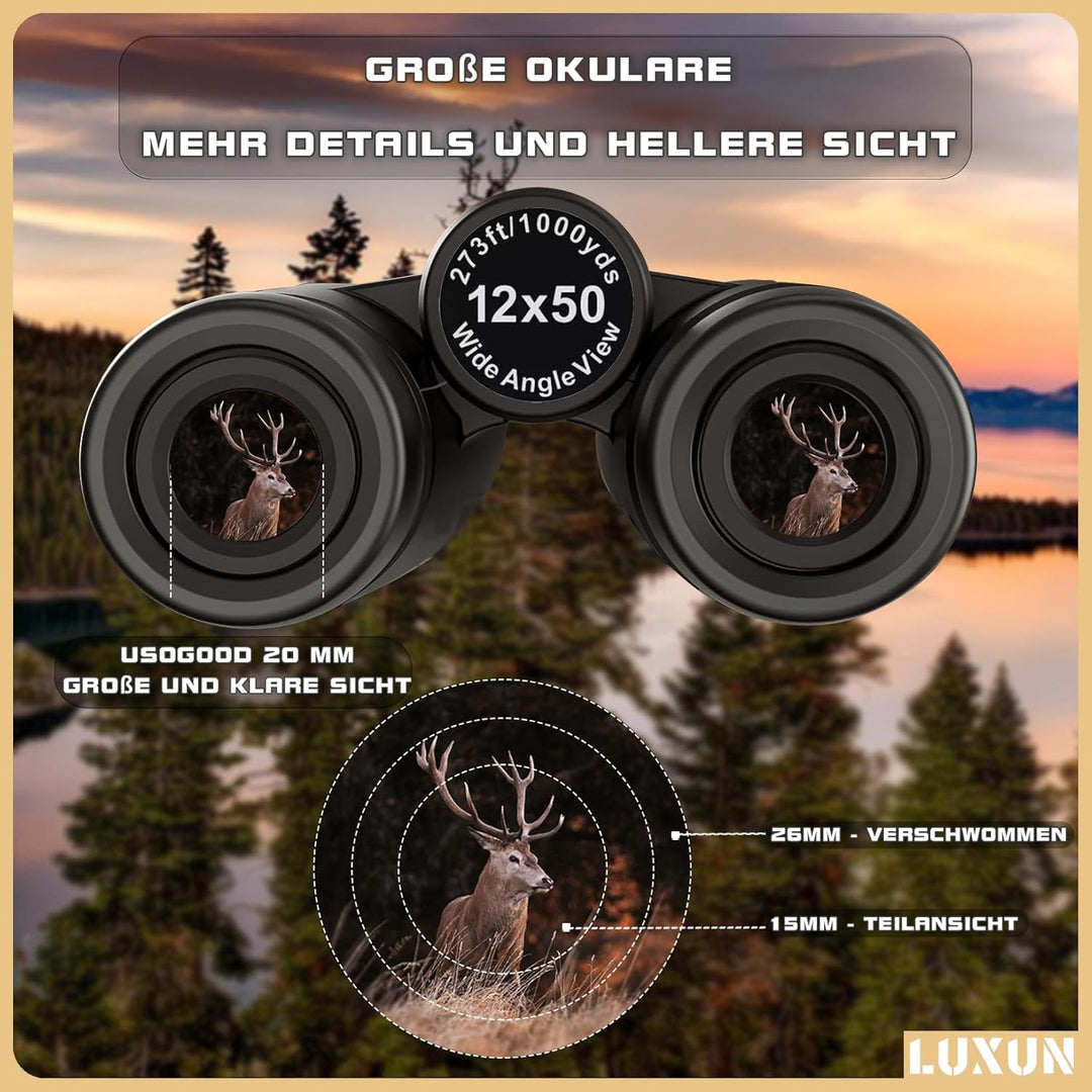 LUXUN 12x50 HD Fernglas für Erwachsene, Fernglas mit Smartphone Adapter Tragetasche, 20mm grosses Ok