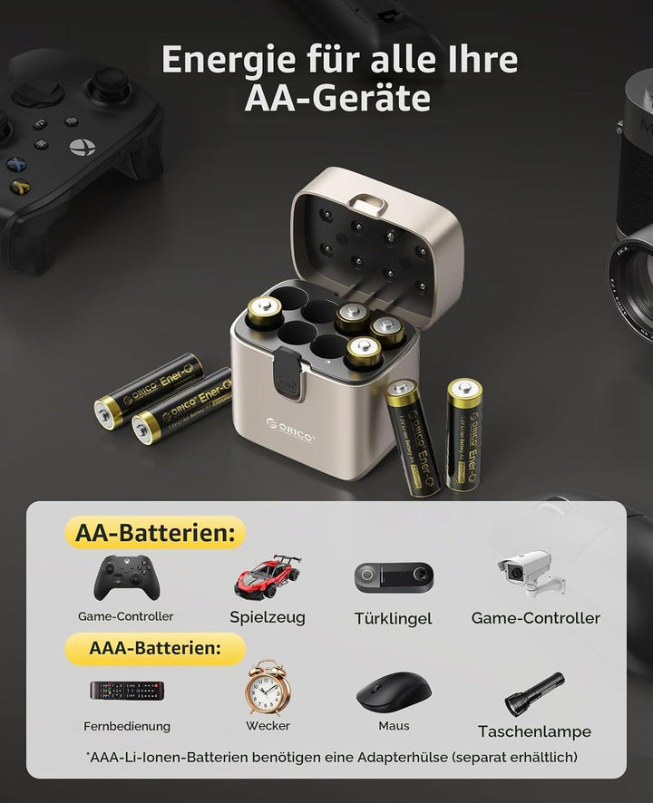 ORICO Ladegerät für AA Lithium Akkus mit 8X 1,5V wiederaufladbare Batterien (2300mWh), 3h Schnelllad