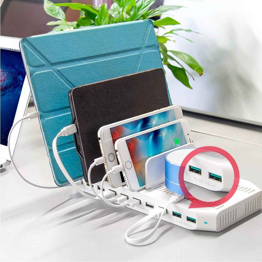 UNITEK 10 Port/USB Ladegerät mit Dockingstation/Organizer für Smartphone, Tablet/ 2X QC 3.0 96W/ Uni