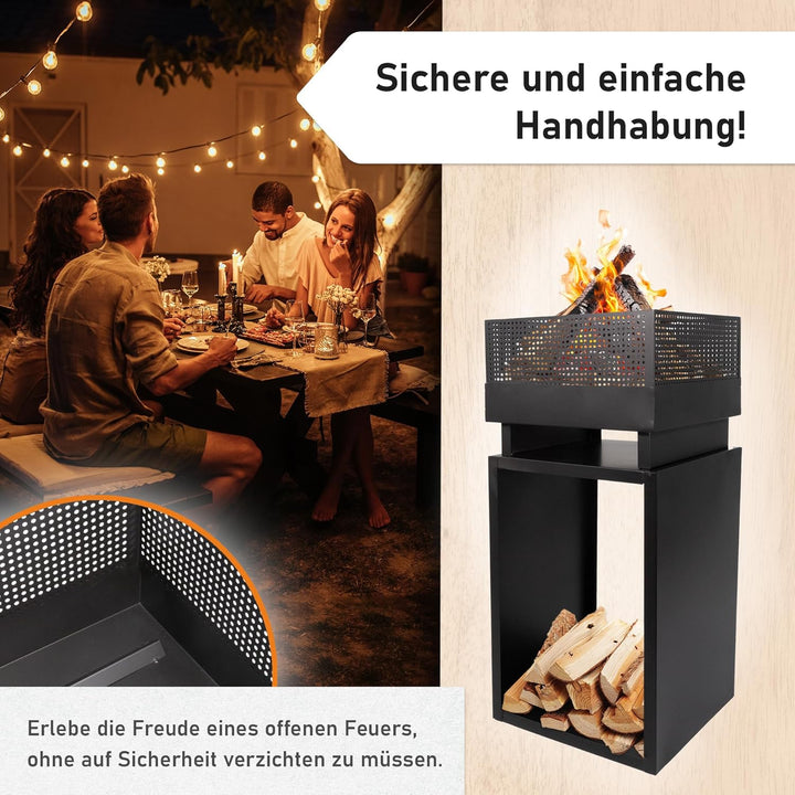 Lemodo Feuerkorb mit Holzlager – Feuerstelle aus robustem Stahl, modernes Design, ideal für Garten u