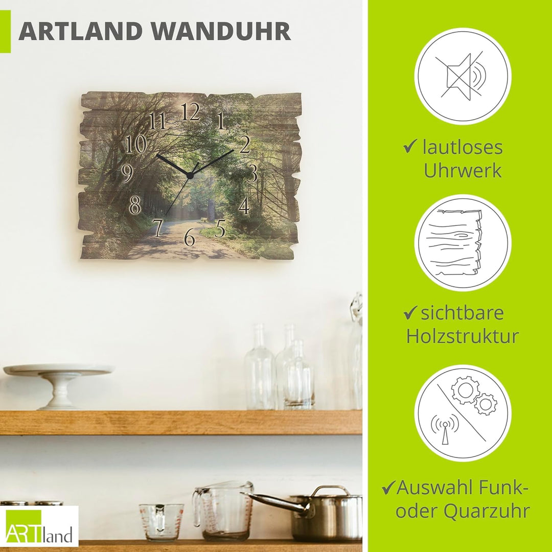 ARTLAND Wanduhr ohne Tickgeräusche aus Holz Funk Uhr lautlos 40x30 cm Rechteckig Wald Landschaft Nat