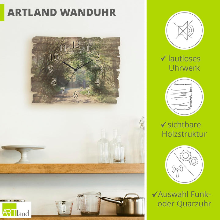 ARTLAND Wanduhr ohne Tickgeräusche aus Holz Funk Uhr lautlos 40x30 cm Rechteckig Wald Landschaft Nat
