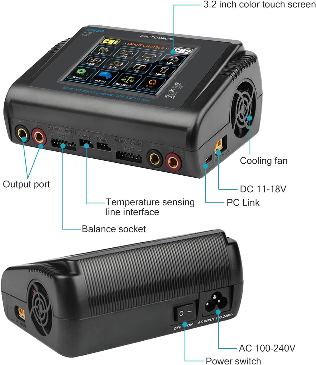 Haisito LiPo Ladegerät, Touchscreen Dual Balance Ladegerät Entlader AC 150W DC 240W 10A für Li-Ionen