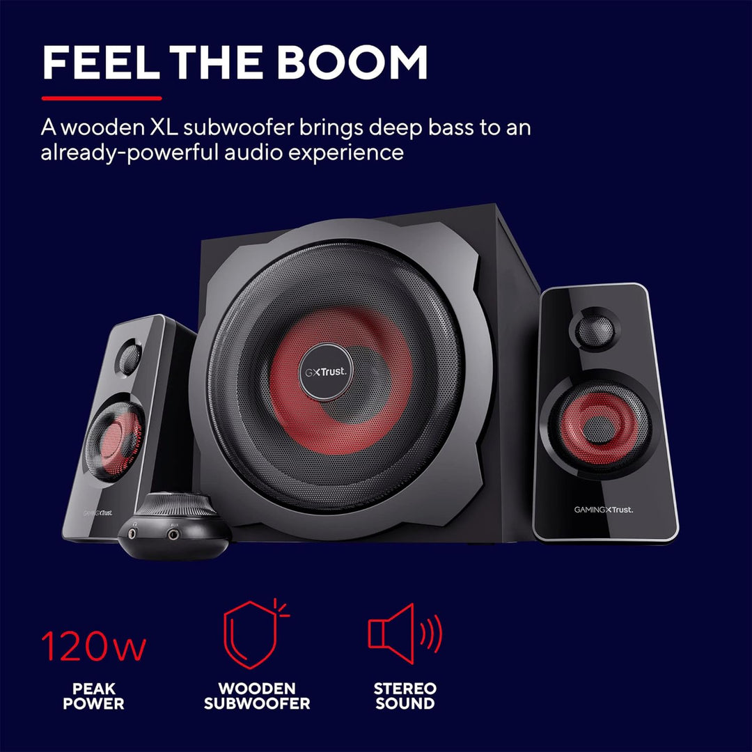 Trust Gaming GXT 38 2.1 Gaming Lautsprechersystem mit Subwoofer (für Smartphone/PC- Tablet, 120 Watt